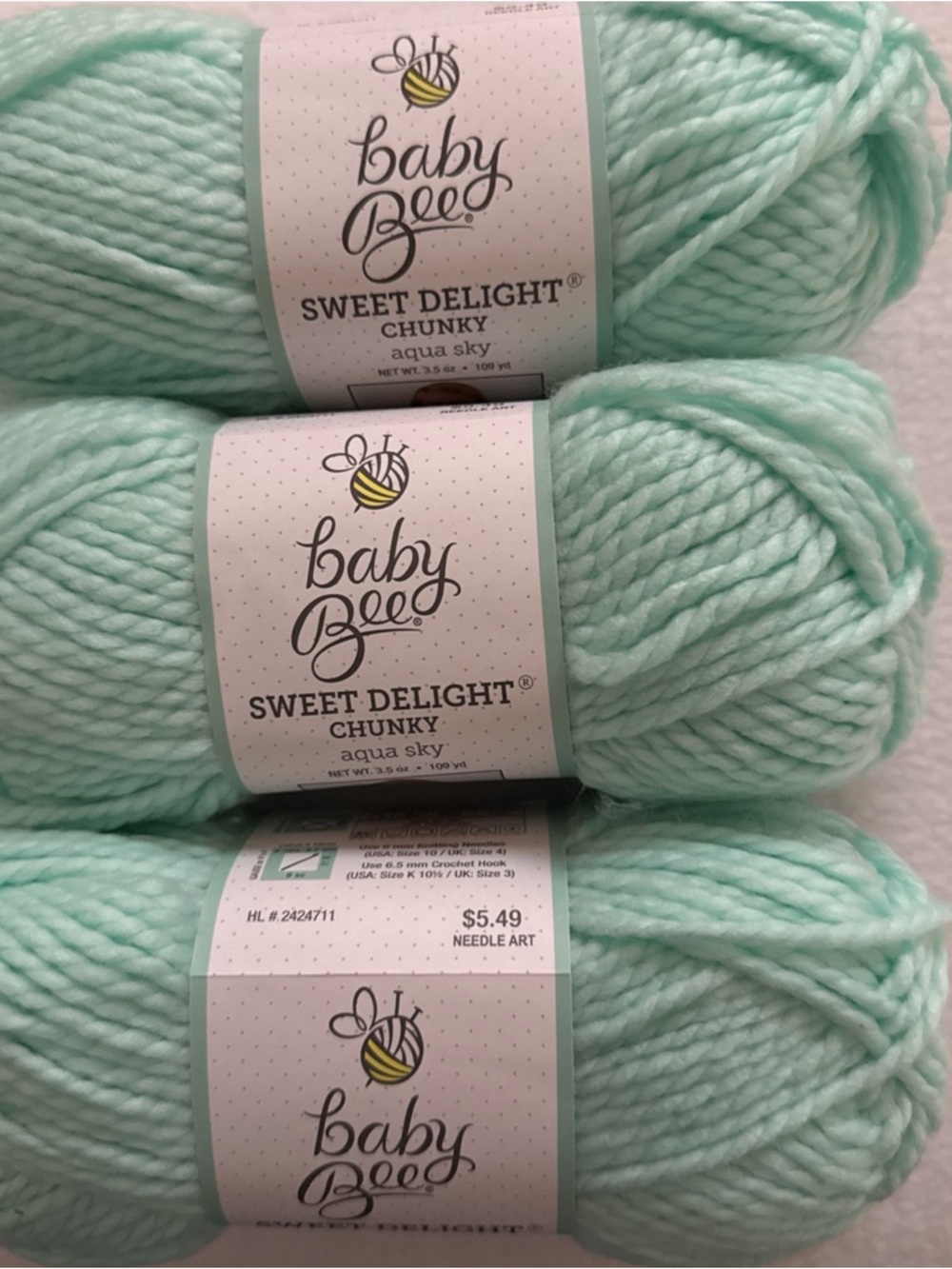 Lot of 3 Baby Bee Sweet Delight Chunky Yarn - Aqua Sky, New
